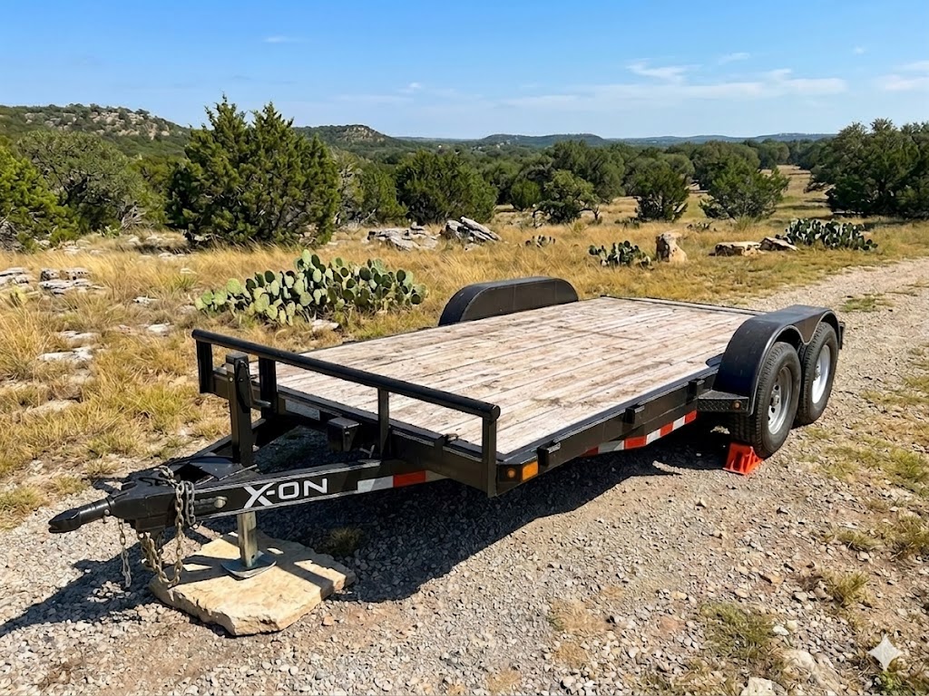 Big Deck Energy 16' flatbed trailer parked in a Texas hill country setting with cedar and prickly pear cactus